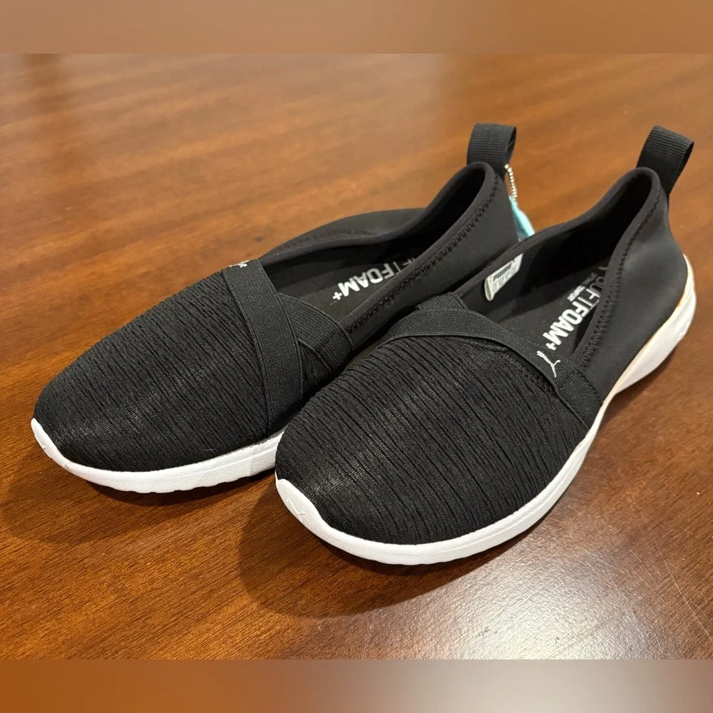 PUMA Adelina Ballerina Black and White Slip-On Lightweight Breathable Sneakers - Picture 3 of 10